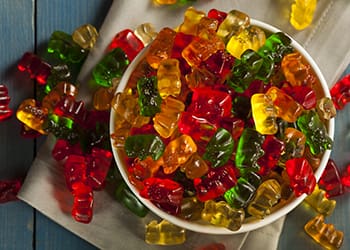 Colorful Fruity Gummy Bears in a bowl
